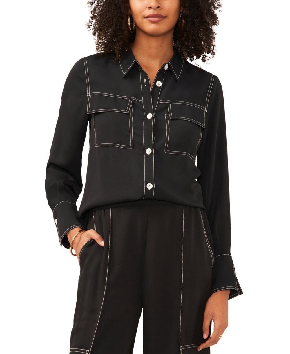 Vince Camuto Women's Contrast Stitch Button Front Collared Top Size M 4004
